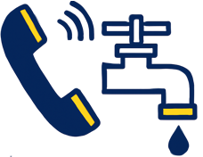 Emergency plumbing services icon of a phone handset and a dripping faucet