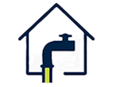 New construction plumbing icon of a house outline with a faucet and pipe
