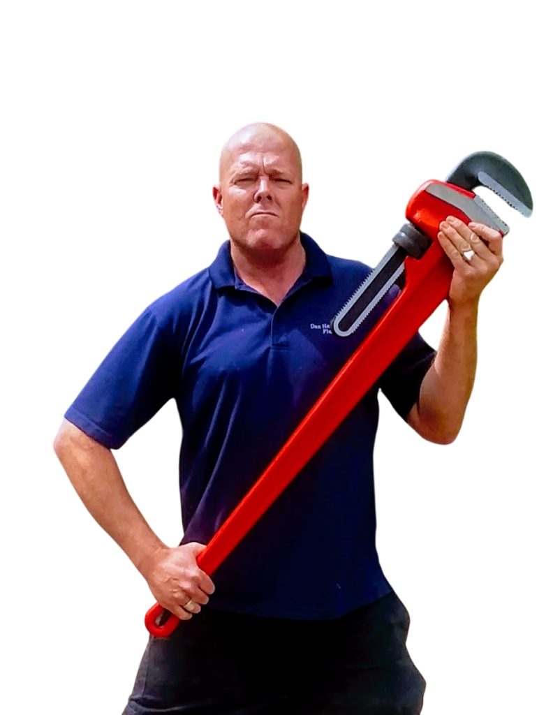 My Guy Plumbing plumber holding a large red pipe wrench on a transparent background